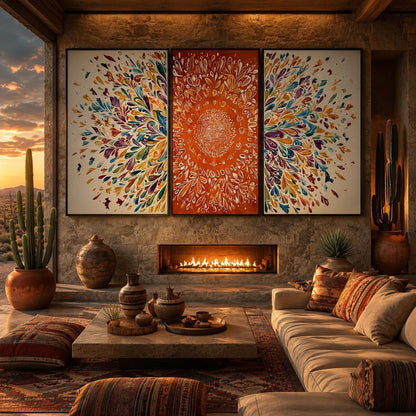 Boho Floral Wall Art – Vibrant Mandala Triptych Canvas Art