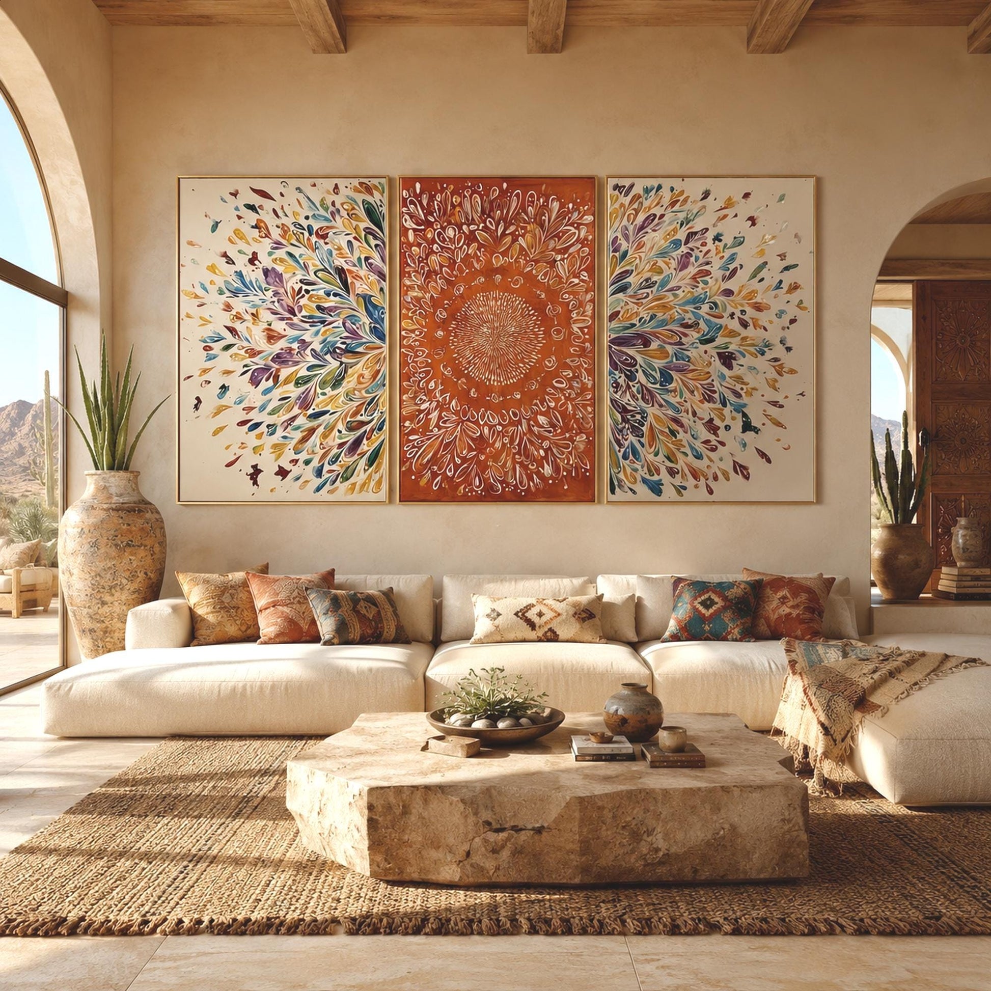 Vibrant Mandala Triptych Canvas Art – Floral Wall Art | Boho Hand-Painted Painting, view 1