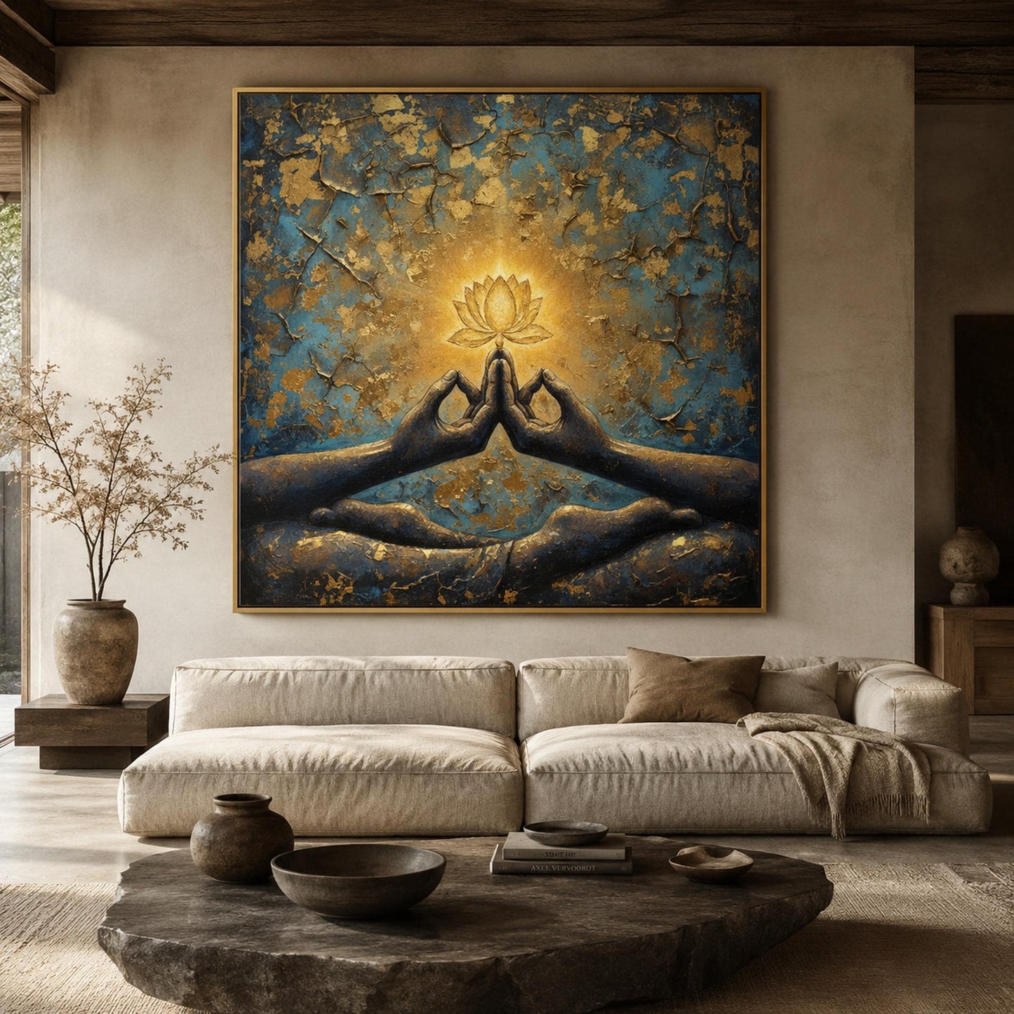 Zen Lotus Flower Painting Boho Decor – Blue and Gold Lotus Floral Wall Art | Boho Painting, view 3