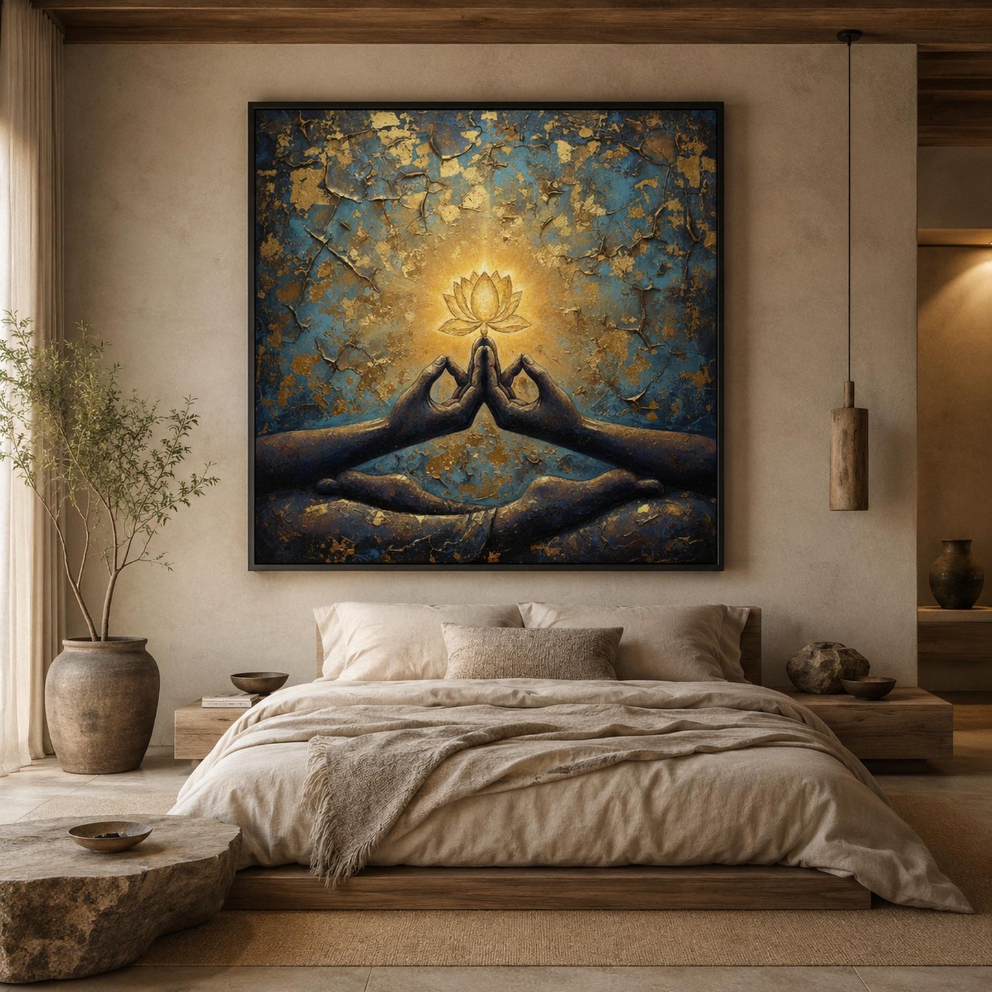 Blue and Gold Boho Lotus Floral Wall Art – Zen Lotus Flower Painting