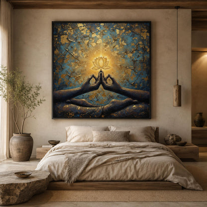 Blue and Gold Boho Lotus Floral Wall Art – Zen Lotus Flower Painting