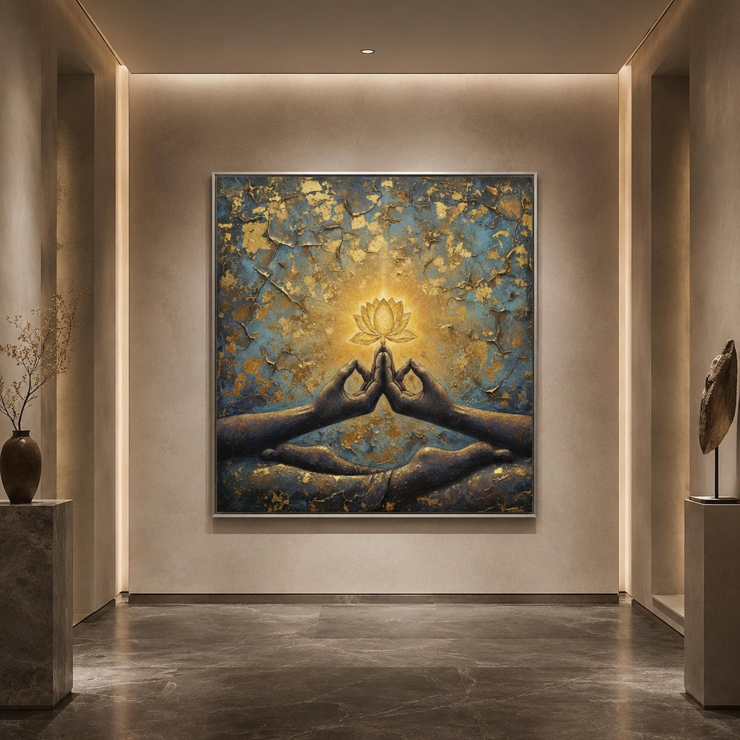 Blue and Gold Boho Lotus Floral Wall Art – Zen Lotus Flower Painting