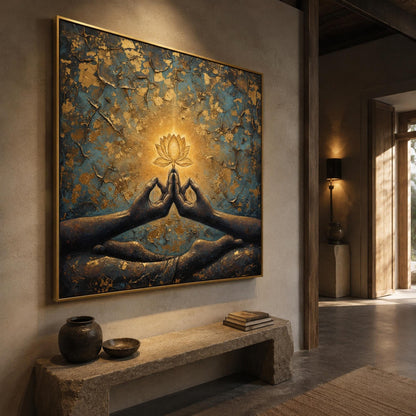 Zen Lotus Flower Painting Boho Decor – Blue and Gold Lotus Floral Wall Art | Boho Painting, view 2