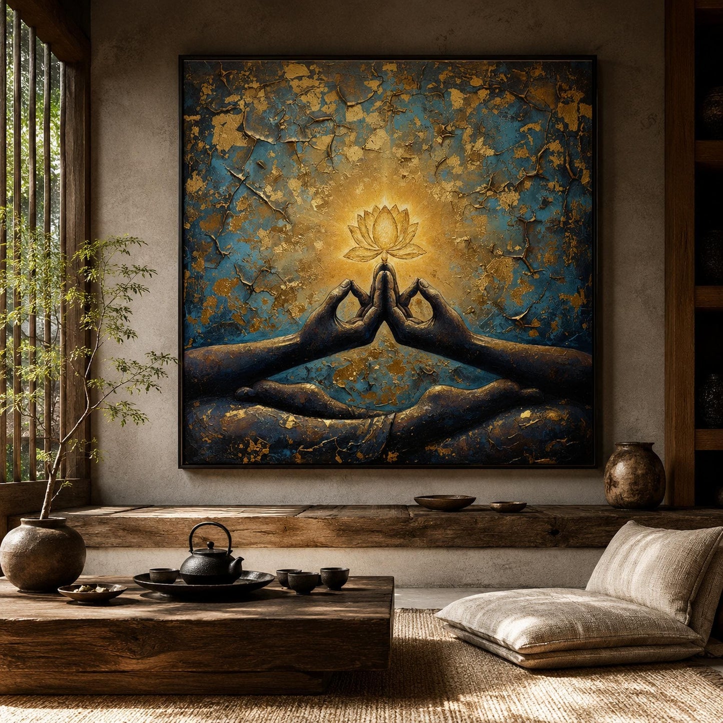 Zen Lotus Flower Painting Boho Decor – Blue and Gold Lotus Floral Wall Art | Boho Painting, view 1