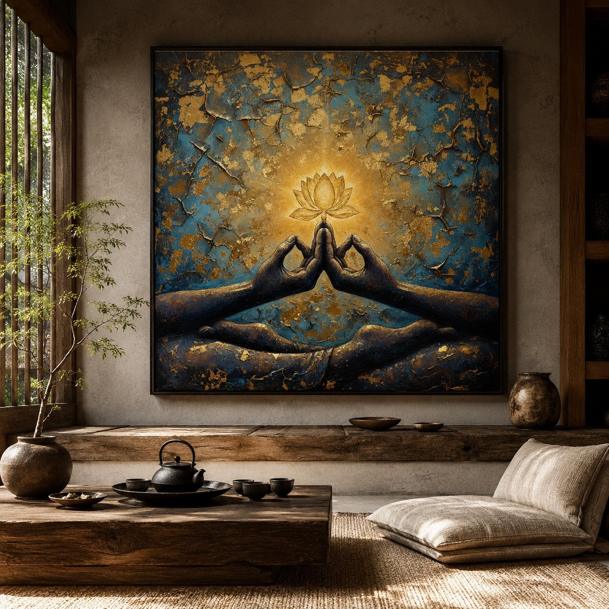 Zen Lotus Flower Painting Boho Decor – Blue and Gold Lotus Floral Wall Art | Boho Painting, view 1