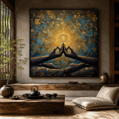 Zen Lotus Flower Painting Boho Decor – Blue and Gold Lotus Floral Wall Art | Boho Painting, view 1