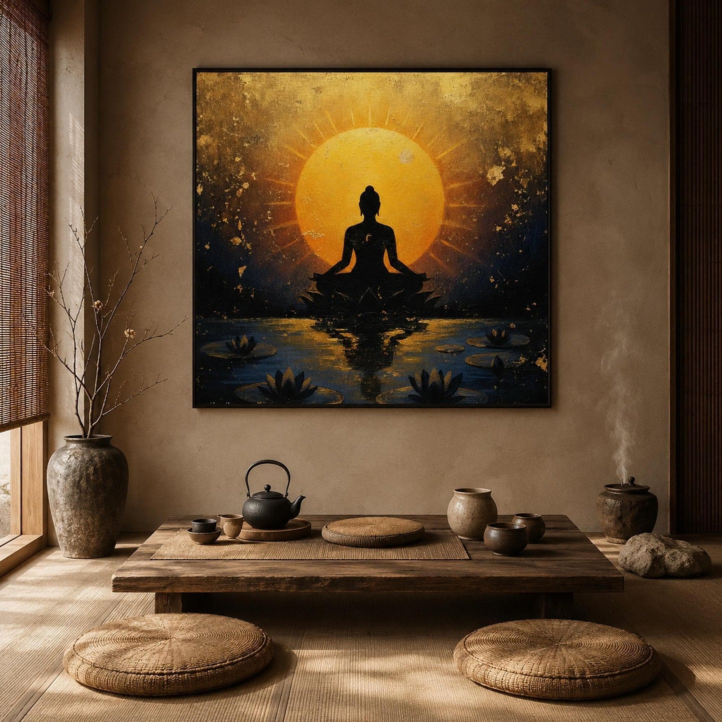Buddha Painting Lotus Meditation Canvas – Gold Lotus Floral Wall Art | Painting, view 4