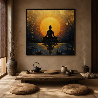 Buddha Painting Lotus Meditation Canvas – Gold Lotus Floral Wall Art | Painting, view 4