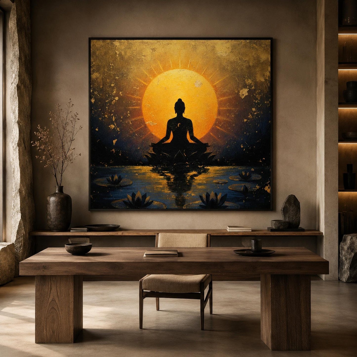 Buddha Painting Lotus Meditation Canvas – Gold Lotus Floral Wall Art | Painting, view 1