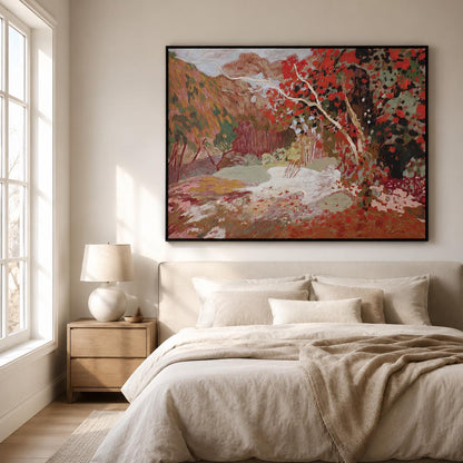 May include: A large rectangular wall art piece featuring an impressionistic landscape painting with vibrant red foliage, muted green tones, and earthy brown hills. The artwork is enclosed in a thin black frame and depicts a dense forest scene.