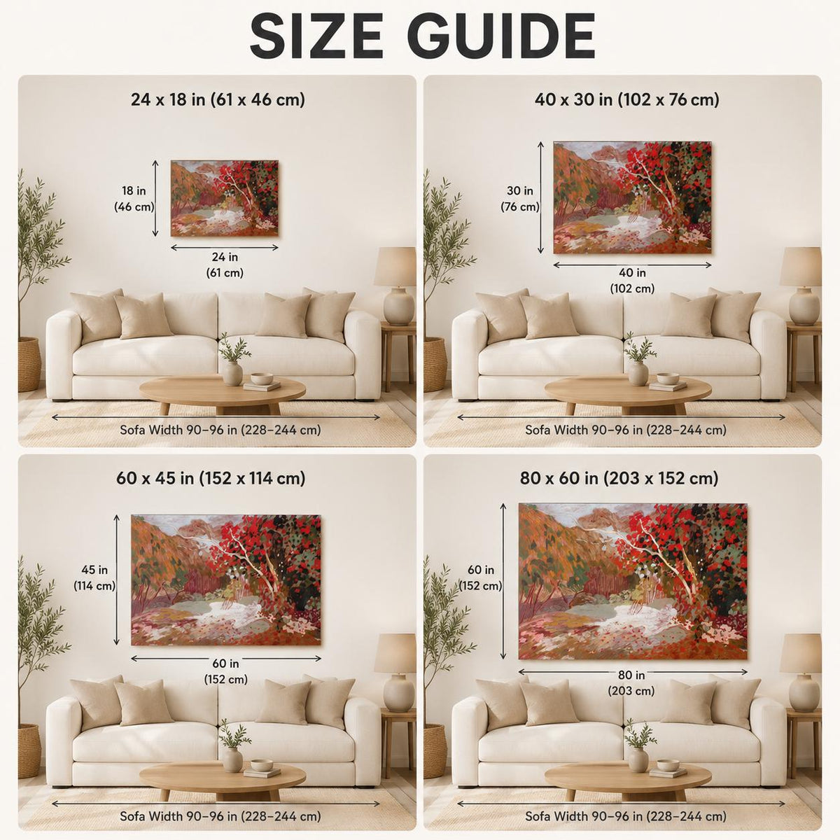 May include: A size guide chart featuring four panels showing a landscape painting of red trees above a white sofa. Dimensions are labeled in inches as 24x18, 40x30, 60x45, and 80x60. The text SIZE GUIDE is at the top, with sofa widths listed as 90-96 inches.