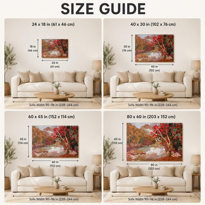May include: A size guide chart featuring four panels showing a landscape painting of red trees above a white sofa. Dimensions are labeled in inches as 24x18, 40x30, 60x45, and 80x60. The text SIZE GUIDE is at the top, with sofa widths listed as 90-96 inches.