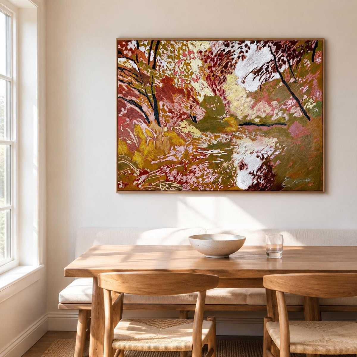 May include: A rectangular landscape painting featuring an abstract forest scene with a palette of deep red, burnt orange, olive green, and white. The artwork displays textured brushstrokes depicting trees and foliage reflected in a body of water.