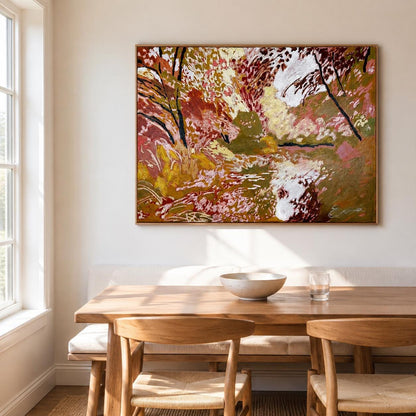 May include: A rectangular landscape painting featuring an abstract forest scene with a palette of deep red, burnt orange, olive green, and white. The artwork displays textured brushstrokes depicting trees and foliage reflected in a body of water.
