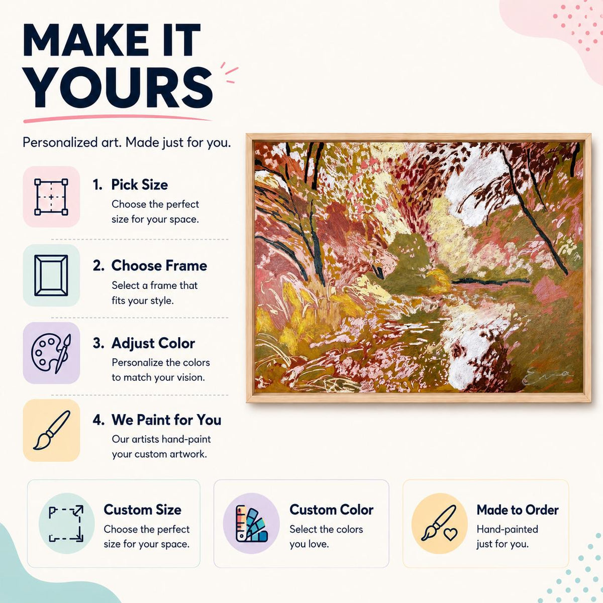 May include: A framed landscape painting featuring an impressionistic forest scene with warm tones of red, orange, yellow, and brown. The image includes text instructions: Make It Yours, Personalized art, Pick Size, Choose Frame, Adjust Color, and We Paint for You.