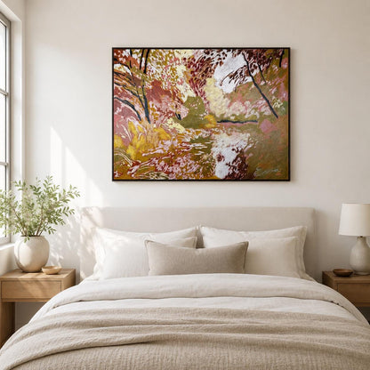 May include: A rectangular framed wall art piece featuring an abstract landscape painting with a palette of warm autumn colors including shades of gold, deep red, muted pink, and brown, depicting a forest scene with light reflecting on water.