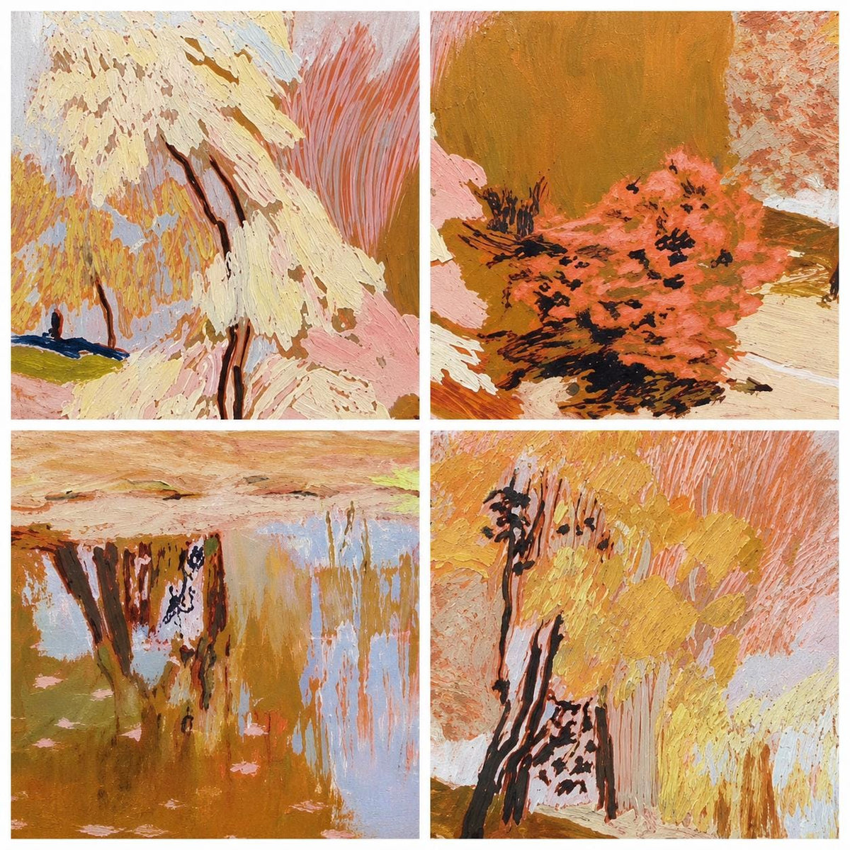 May include: A four-panel grid of oil paintings featuring textured brushstrokes in shades of ochre, cream, peach, and light blue. The artwork depicts abstract landscapes with trees, foliage, and water reflections rendered in a thick, impasto style.