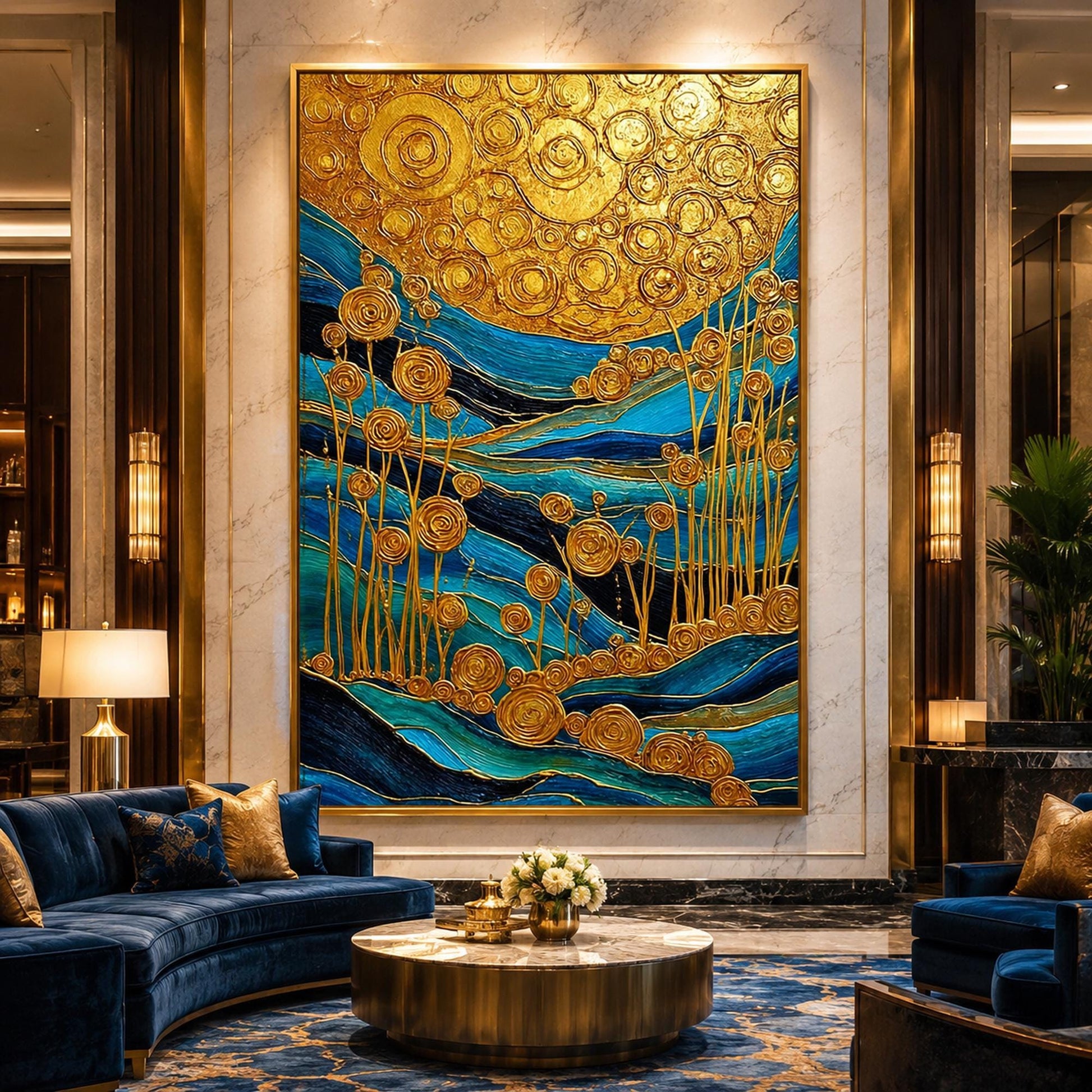 Original – Turquoise and Teal Floral Wall Art | Textured Oil Painting, view 1