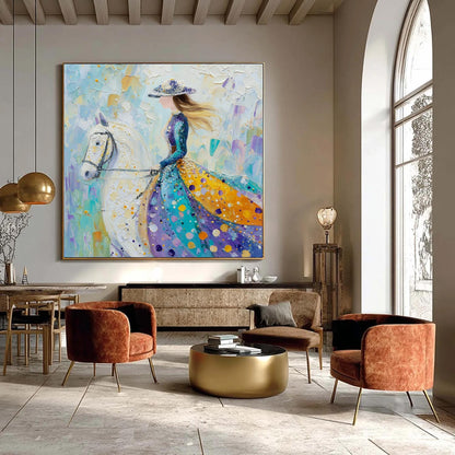 Teal and Amber Impasto Horse Animal Wall Art – Lady on White Horse Oil Painting