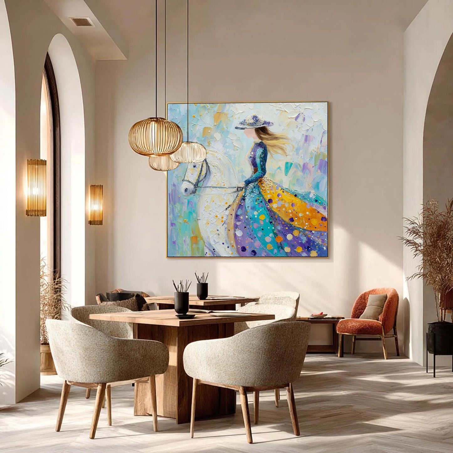 Teal and Amber Impasto Horse Animal Wall Art – Lady on White Horse Oil Painting