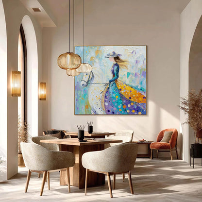 Teal and Amber Impasto Horse Animal Wall Art – Lady on White Horse Oil Painting