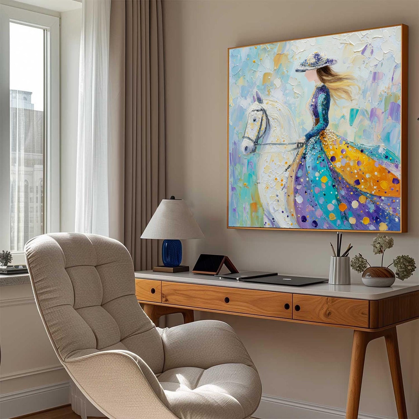 Original – Teal and Amber Horse Animal Wall Art | Impasto Oil Painting, view 3