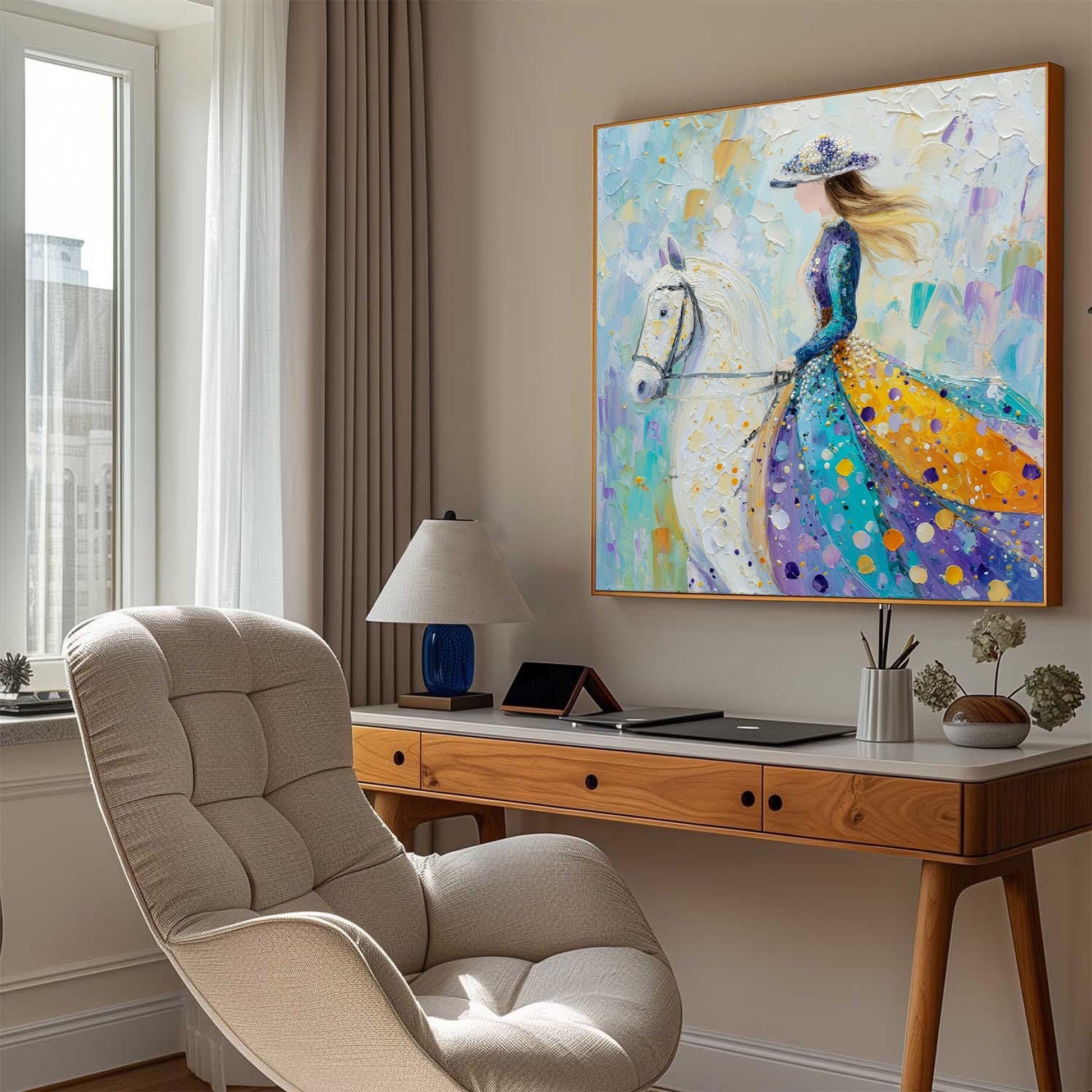 Original – Teal and Amber Horse Animal Wall Art | Impasto Oil Painting, view 3
