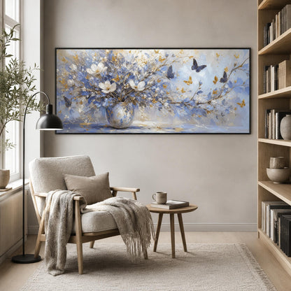 Blue Flower Vase Painting Butterfly Art – Blue and Gold Floral Vase Wall Art | Hand-Painted Painting, view 3