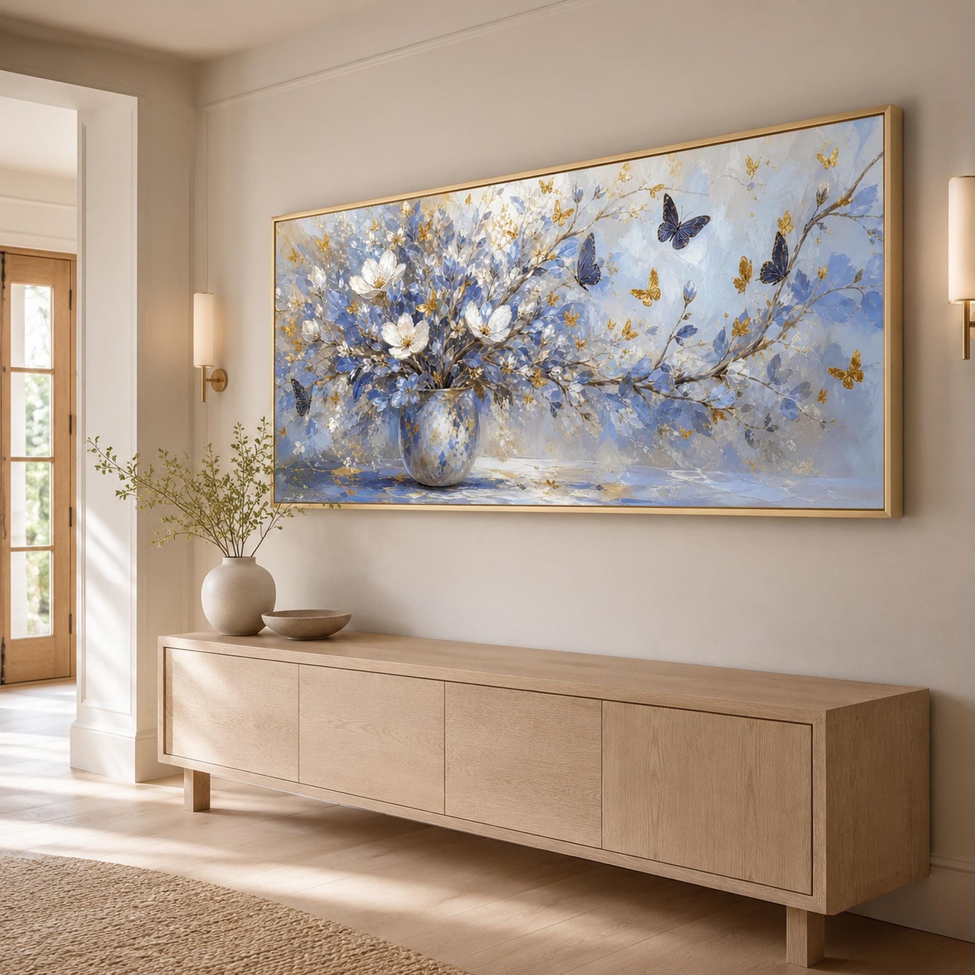 Blue Flower Vase Painting Butterfly Art – Blue and Gold Floral Vase Wall Art | Hand-Painted Painting, view 2