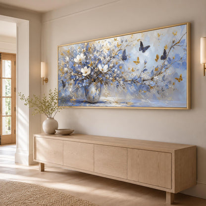 Blue Flower Vase Painting Butterfly Art – Blue and Gold Floral Vase Wall Art | Hand-Painted Painting, view 2