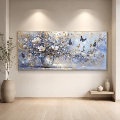 Blue Flower Vase Painting Butterfly Art – Blue and Gold Floral Vase Wall Art | Hand-Painted Painting, view 1
