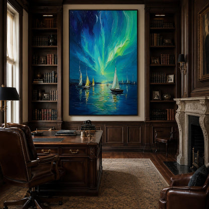 Blue and Green Impasto Sailboat 3D Texture Wall Art – Aurora Sailboat Painting Northern Lights