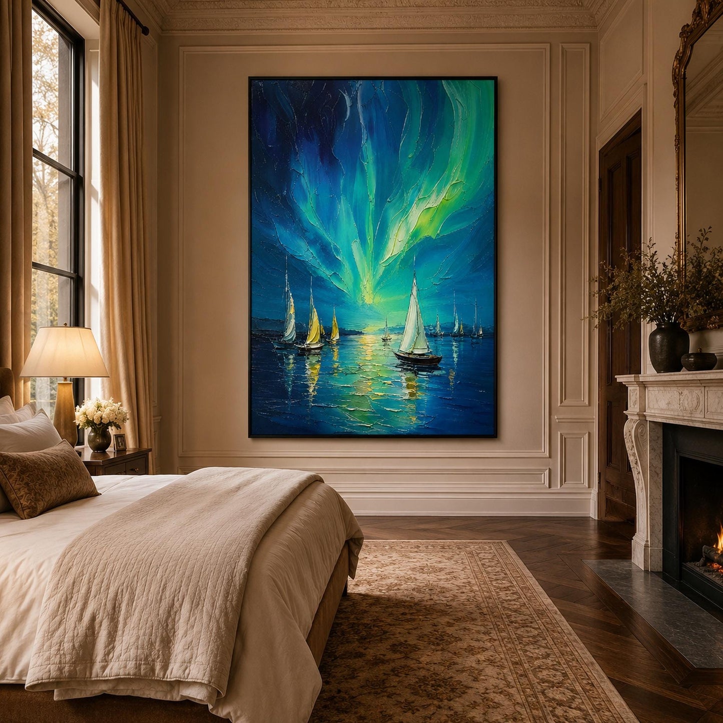 Aurora Sailboat Painting Northern Lights – Blue and Green Sailboat 3D Texture Wall Art | Impasto Hand-Painted Painting, view 