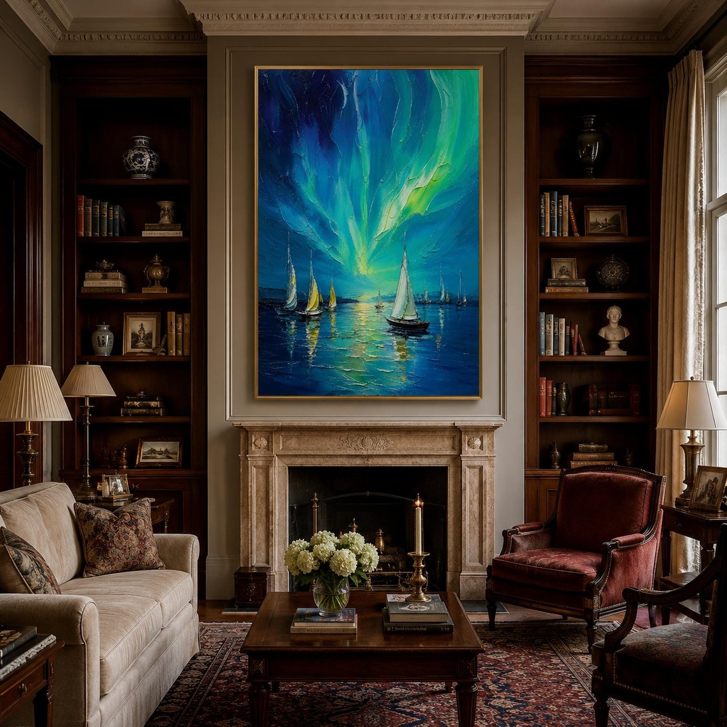 Aurora Sailboat Painting Northern Lights – Blue and Green Sailboat 3D Texture Wall Art | Impasto Hand-Painted Painting, view 