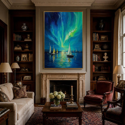 Aurora Sailboat Painting Northern Lights – Blue and Green Sailboat 3D Texture Wall Art | Impasto Hand-Painted Painting, view 