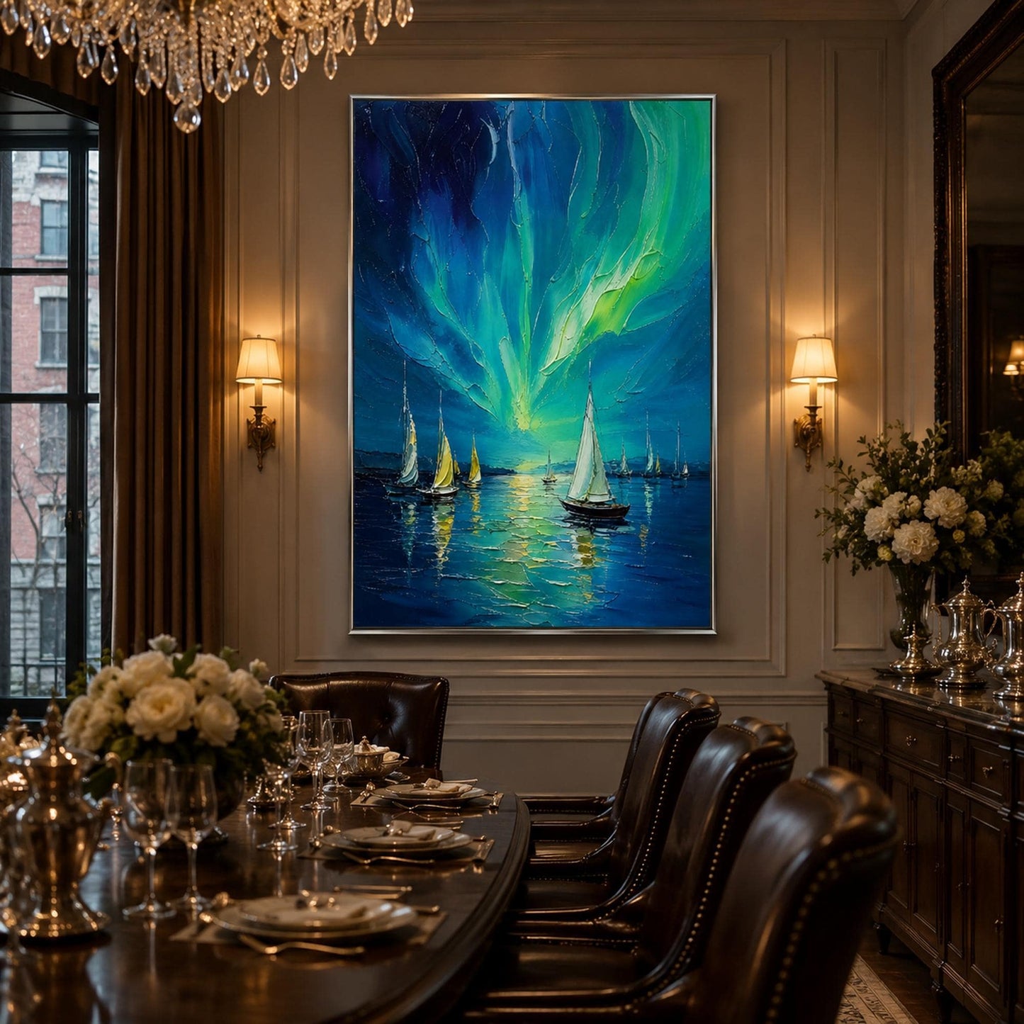Blue and Green Impasto Sailboat 3D Texture Wall Art – Aurora Sailboat Painting Northern Lights