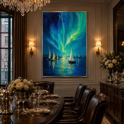 Blue and Green Impasto Sailboat 3D Texture Wall Art – Aurora Sailboat Painting Northern Lights