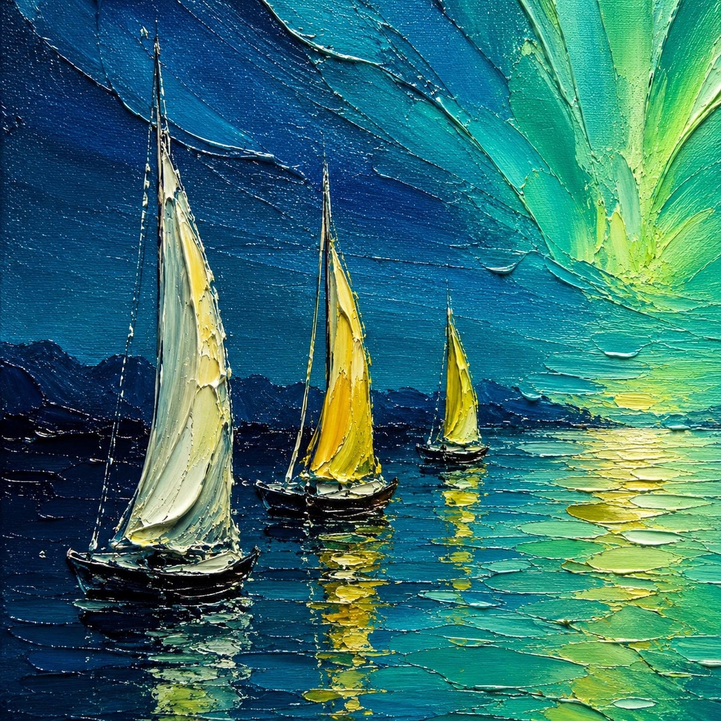 Aurora Sailboat Painting Northern Lights – Blue and Green Sailboat 3D Texture Wall Art | Impasto Hand-Painted Painting, view 