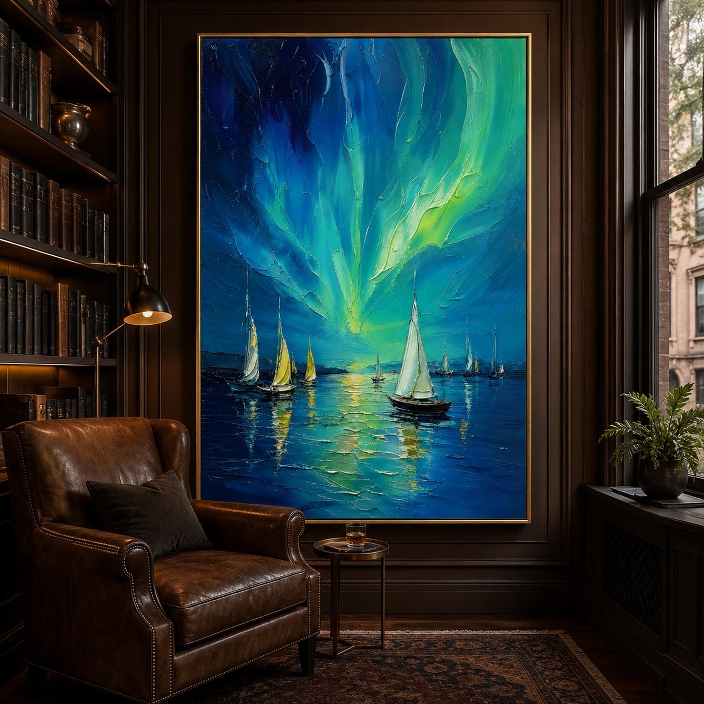 Blue and Green Impasto Sailboat 3D Texture Wall Art – Aurora Sailboat Painting Northern Lights