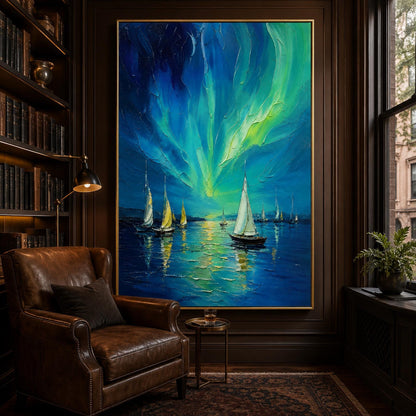 Blue and Green Impasto Sailboat 3D Texture Wall Art – Aurora Sailboat Painting Northern Lights