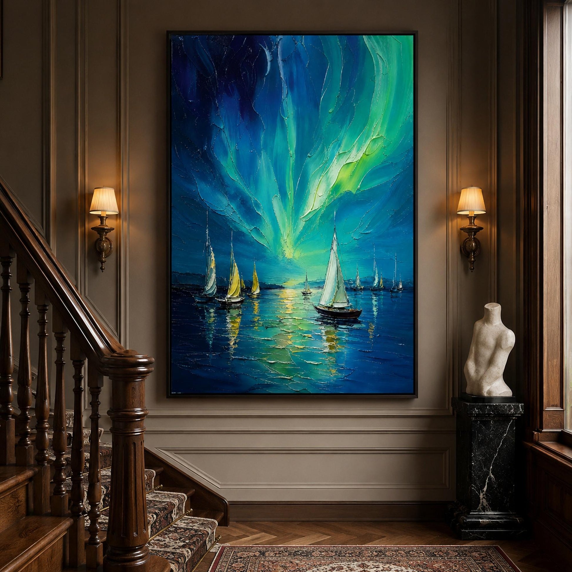 Aurora Sailboat Painting Northern Lights – Blue and Green Sailboat 3D Texture Wall Art | Impasto Hand-Painted Painting, view 