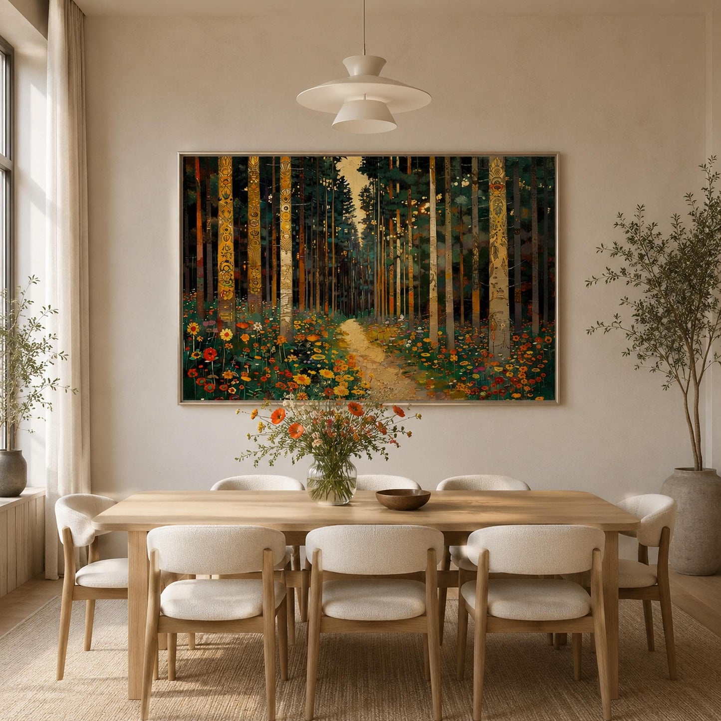 Emerald and Green Forest Tree Wall Art Oil Painting – Enchanted Klimt-Style Woodland Path