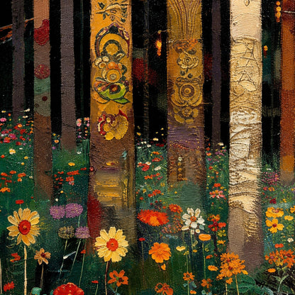 Emerald and Green Forest Tree Wall Art Oil Painting – Enchanted Klimt-Style Woodland Path