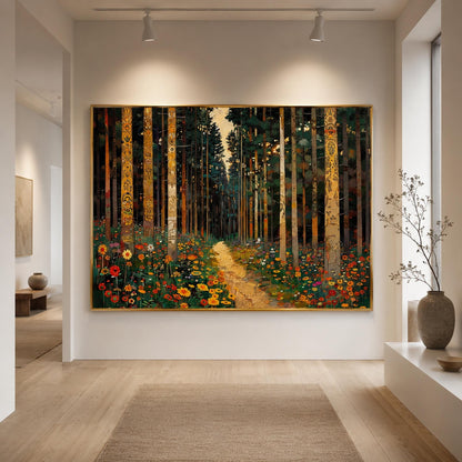 Emerald and Green Forest Tree Wall Art Oil Painting – Enchanted Klimt-Style Woodland Path