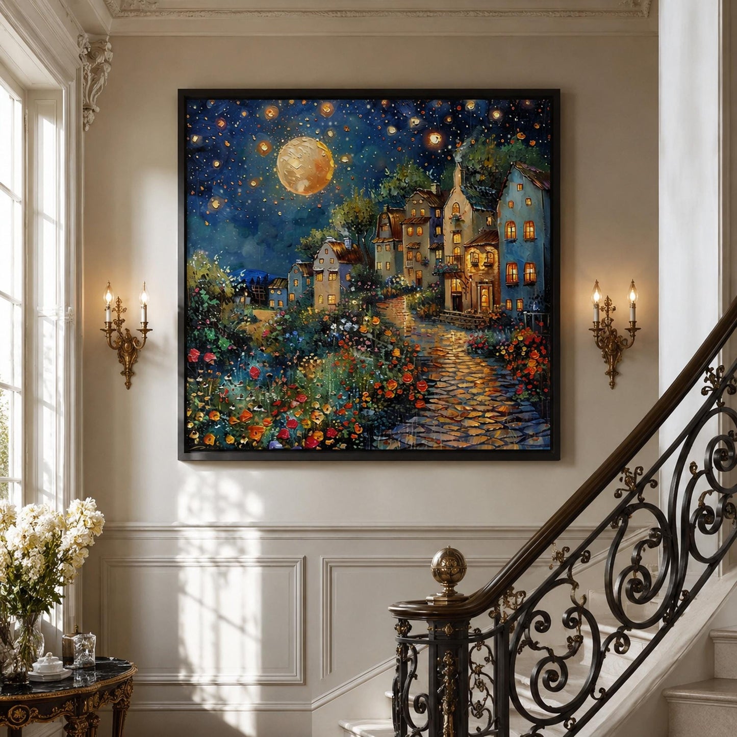 Impasto Village City Architecture Wall Art – Magical Moonlit Village Painting Oil