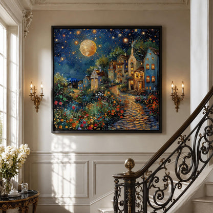 Impasto Village City Architecture Wall Art – Magical Moonlit Village Painting Oil