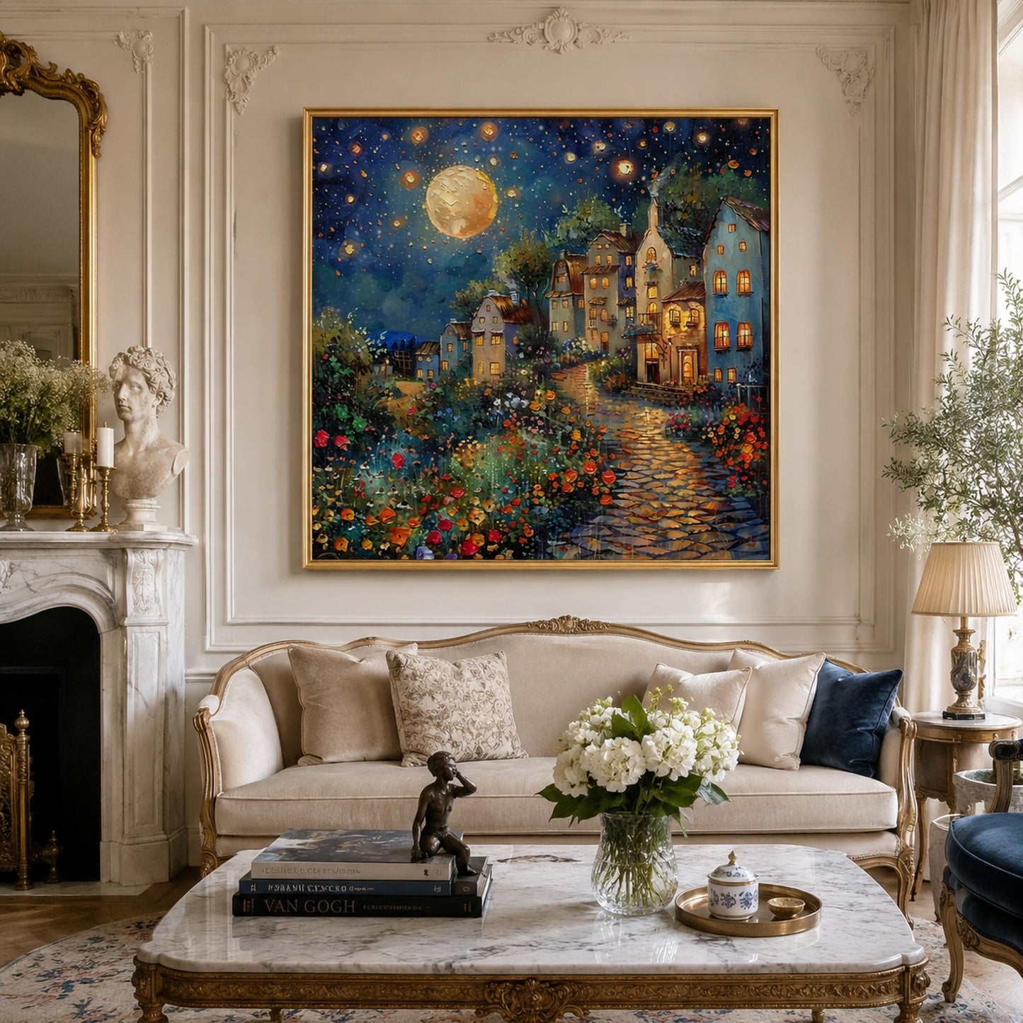 Magical Moonlit Village Painting Oil – Village City Architecture Wall Art | Impasto Painting, view 2