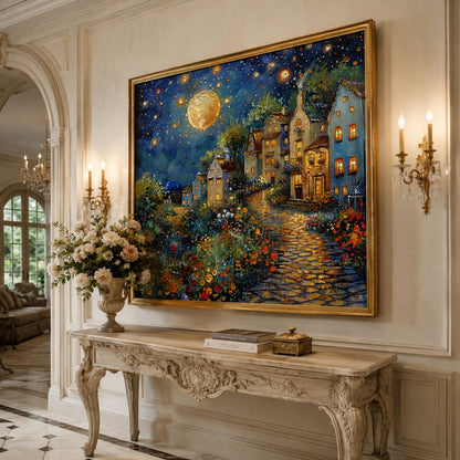 Magical Moonlit Village Painting Oil – Village City Architecture Wall Art | Impasto Painting, view 5