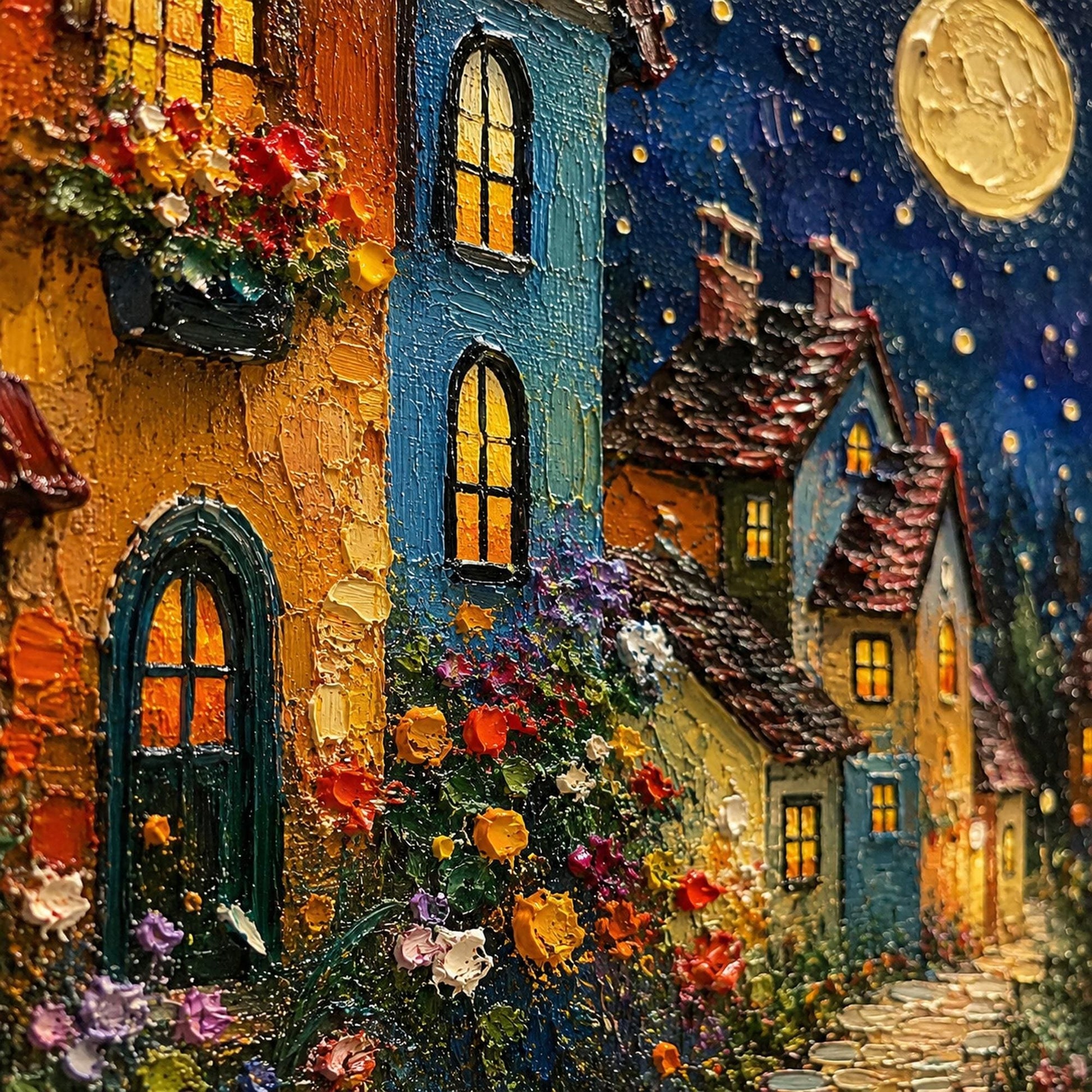 Impasto Oil Painting – Teal and Gold Village City Architecture Wall Art | Impasto Oil Painting, view 4