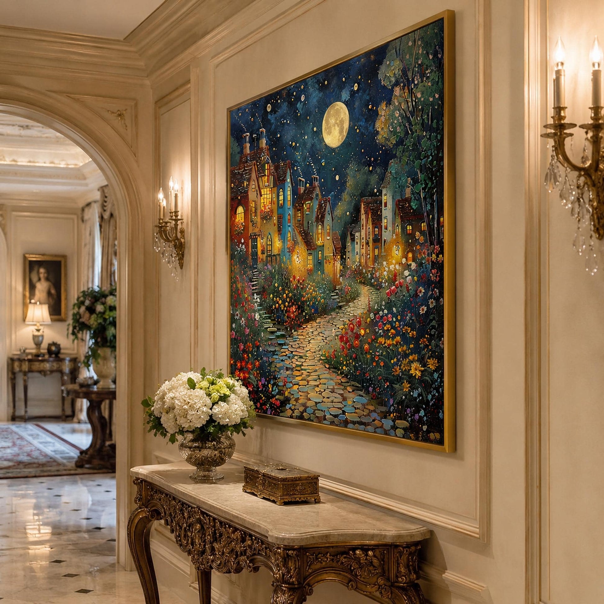 Impasto Oil Painting – Teal and Gold Village City Architecture Wall Art | Impasto Oil Painting, view 2